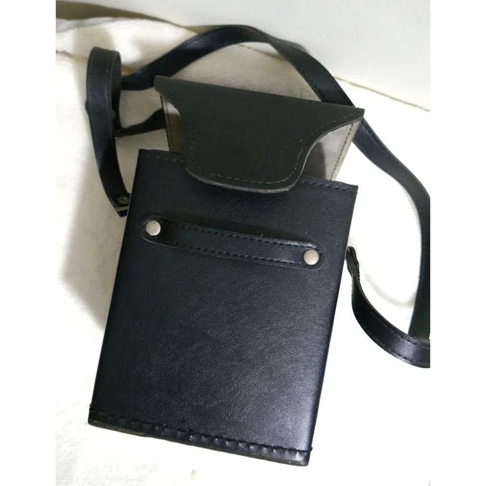 Vintage Black Leather Square Rigid Camera Case Kit Bag w Strap Movie Prop Rare